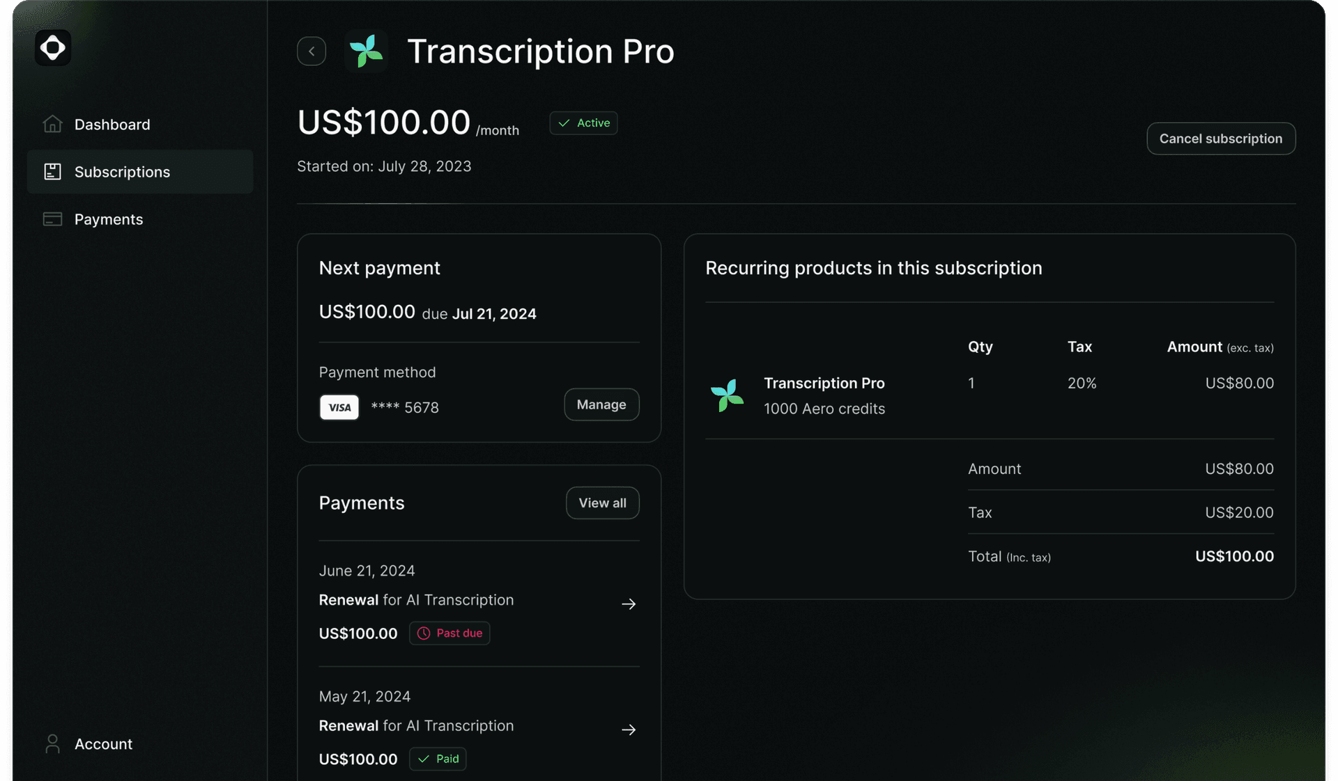 Subscriptions page